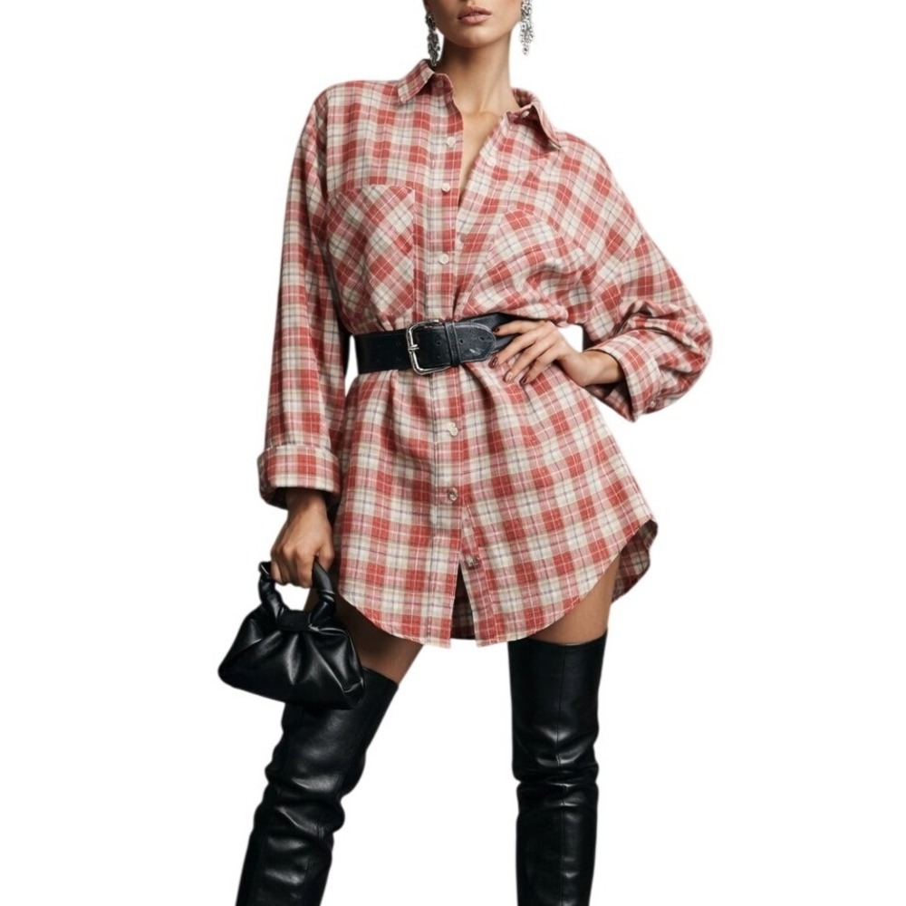 BB Dakota Steve Madden Boho Plaid Shirt Dress Terracotta White‎ XS  Flannel